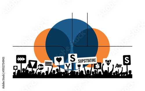 Black and white crowd holding supportive signs simplified into graphic shapes, large deep blue circular disc behind intersected by warm orange semicircles,