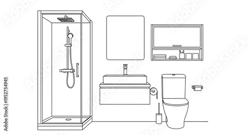 Vector illustration of bathroom interior with shower, sink, toilet and mirror