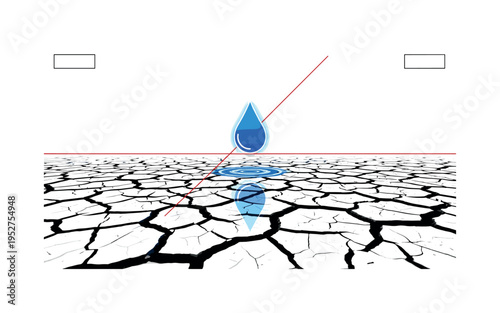 Black and white cracked earth texture forming the lower half of composition, large red circle above like an overheated sun, thin blue curved lines suggesting