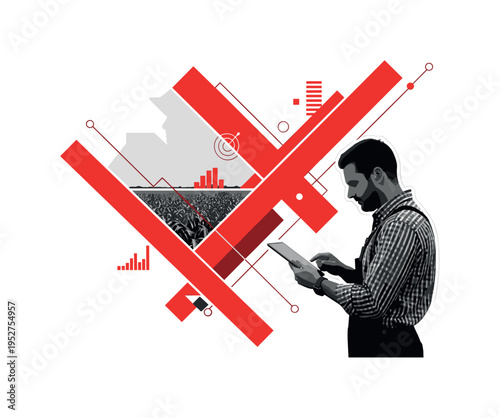 Black and white side-profile agronomist using a tablet in a crop field, combined with bold red rectangular shapes and diagonal lines creating dynamic