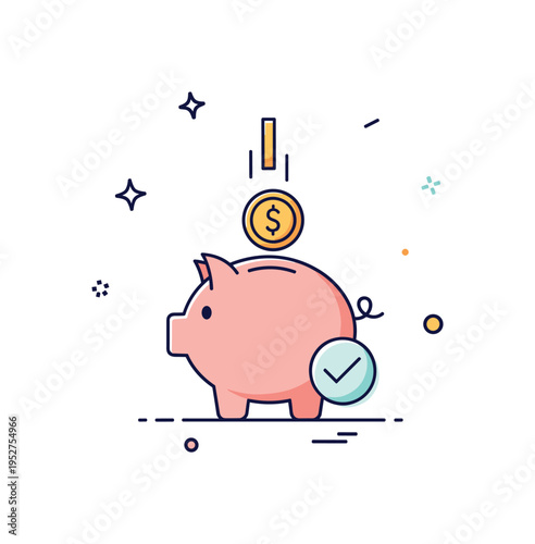 Financial target reached represented by a piggy bank with a coin dropping in and a subtle check mark, symbolizing smart planning, savings discipline, and
