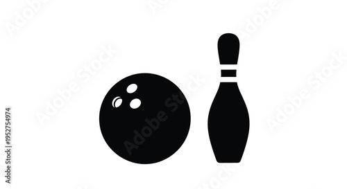 A black bowling ball and pin presented in stark silhouette