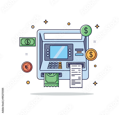 ATM machine showing a user inserting a card and receiving a printed receipt, with small icons for currency and transaction symbols around, representing
