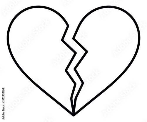 Line art illustration of a broken heart depicting a crack for love and loss concepts