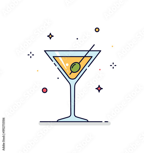 Cocktail elegant martini glass with a single olive and subtle sparkle accents, expressing sophistication, celebration and refined evening atmosphere in a