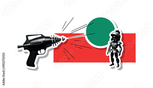 Black and white retro sci-fi ray gun floating beside small Martian figure, bold emerald green circle anchoring scene, strong red rectangular accent block