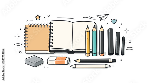 Drawing and sketching tools. A close-up style scene of pencils, charcoal, and sketchbooks arranged neatly, expressing precision and creative preparation. The