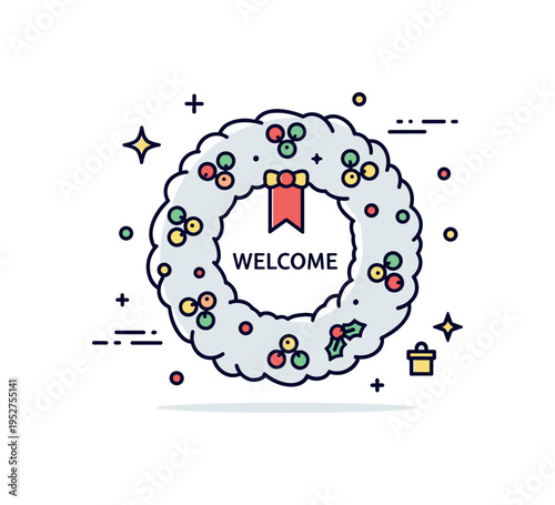 Holiday wreath decor rounded wreath with simple berry accents and hanging ribbon detail. A clean editorial badge symbolizing welcome, celebration, and seasonal