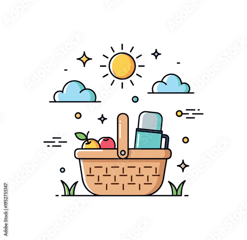 Sunny meadow picnic woven basket with visible fruit and a thermos placed under a bright sun icon and gentle cloud shapes. A cheerful micro scene capturing