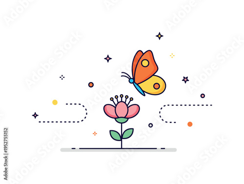 Spring pollination scene bright butterfly hovering above a simple blossom with subtle dotted motion lines and tiny pollen accents, conveying natural balance