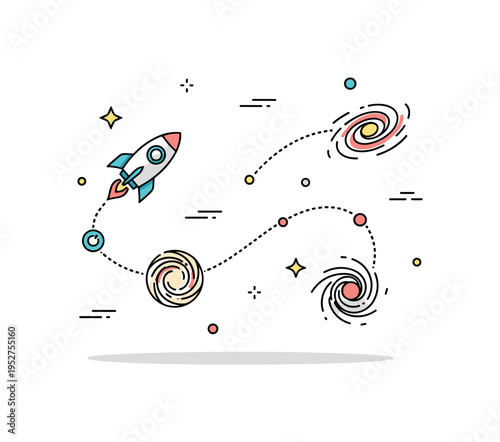 Deep space exploration small rocket passing between stylized galaxies connected by dotted trajectory line, symbolizing curiosity and scientific discovery in