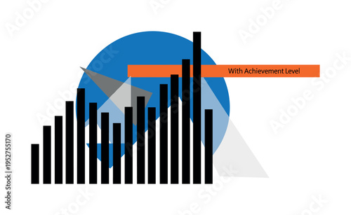 Black and white bar graph rising sharply upward, bold electric blue circular backdrop partially hidden behind columns, sharp orange horizontal stripe marking
