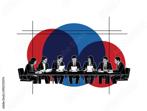 Black and white group of lawyers seated around large table reviewing documents, bold cobalt blue circular backdrop intersected by deep red semicircles, thin