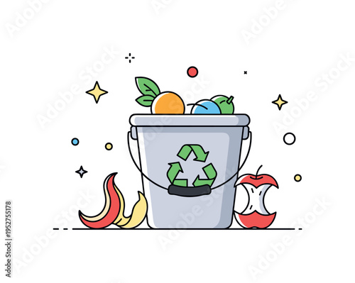Kitchen compost container for daily organic waste shown as a compact countertop bucket with a small peel and apple core icon beside it, representing easy
