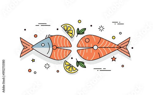 Elegant seafood platter stylized fish fillet with lemon slice and minimal herb accents arranged with symmetry, expressing freshness and premium quality. A