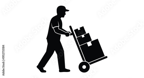 A worker pushes a hand truck with boxes black silhouette