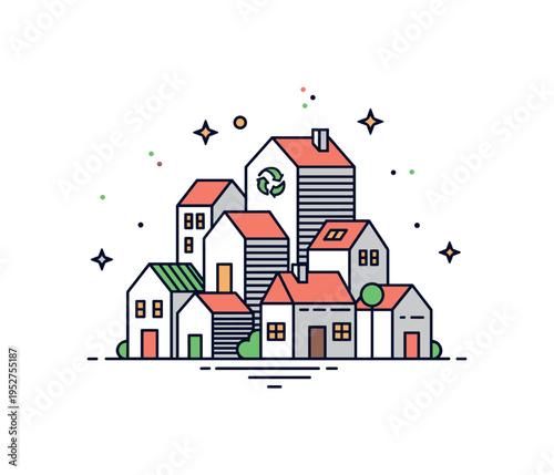 Eco friendly printed village cluster of small identical houses with visible layered texture and a subtle green accent, representing sustainable community