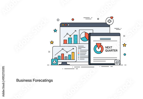 Business forecasting dashboard simplified analytics screen displaying charts and a highlighted future data point marked Next Quarter. A professional badge