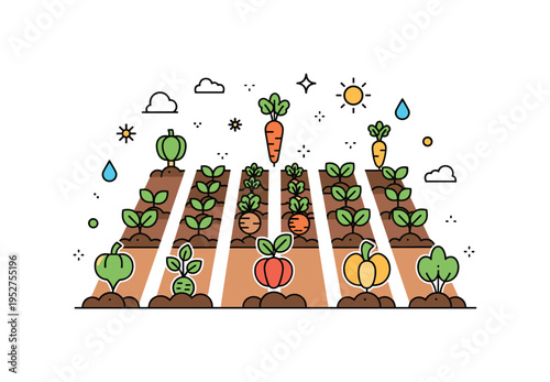 Seasonal organic harvest scene depicted by neatly aligned crop rows with simple vegetable icons emerging from soil, expressing growth and eco conscious