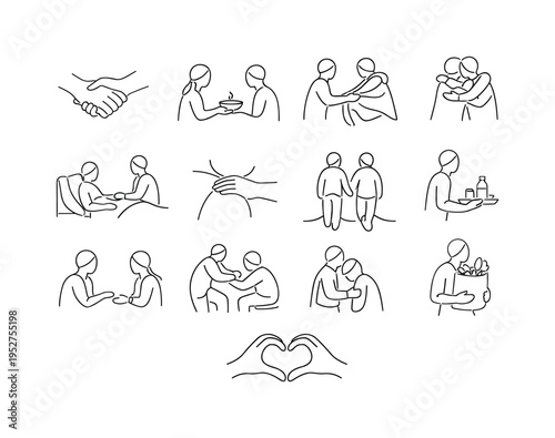 Family Care Support. Minimalistic set one-line drawing [person holding another person?s hand, caregiver offering soup, family member giving a