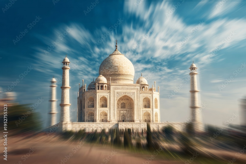 Obraz premium Majestic marble mausoleum stands under a streaked blue sky with motion blur effects