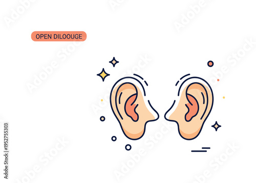 Open dialogue concept showing two mirrored ear silhouettes facing inward symbolizing mutual understanding and shared listening. Subtle sparkle accents add a