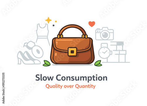 Slow consumption movement expressing quality over quantity, depicted by a single well-crafted product highlighted while multiple faded items stay in the