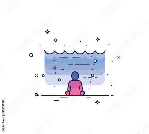 Deep sea contemplation scene showing a solitary figure surrounded by subtle gradient water layers and small floating particles, expressing isolation and