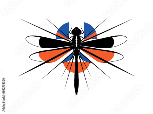 Black and white dragonfly seen from above with wings simplified into bold graphic shapes, sharp linear rays and semicircular forms radiating symmetrically,