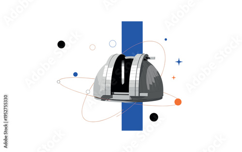 Vintage black and white observatory dome partially open, bold blue vertical rectangle slicing composition for contrast, thin orange curved lines echoing