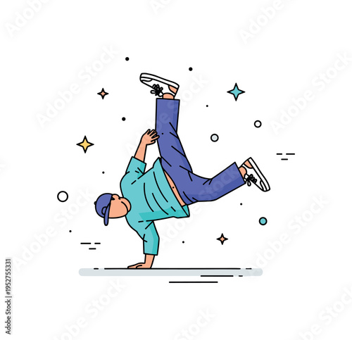Breakdance footwork with a dancer performing intricate spins and slides, highlighting agility, skill, and urban street style. Minimalist flat vector