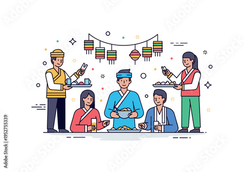 People sharing meals and participating in traditional festivals together, illustrating integration, mutual understanding, and adaptation to new cultural