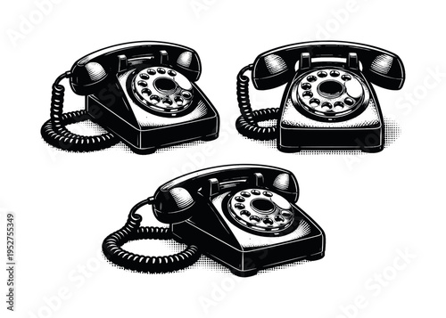 Rotary dial telephone. Black and white dot style with halftone texture and high contrast. Halftone texture with partial solid black fills smoothly