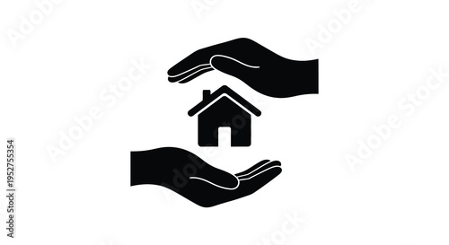 Hands protect a house icon symbolizing security and shelter silhouette