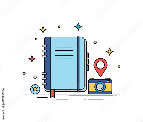 Travel journal concept showing a compact notebook paired with a small location pin and camera icon. Subtle star accents and clean geometric shapes communicate