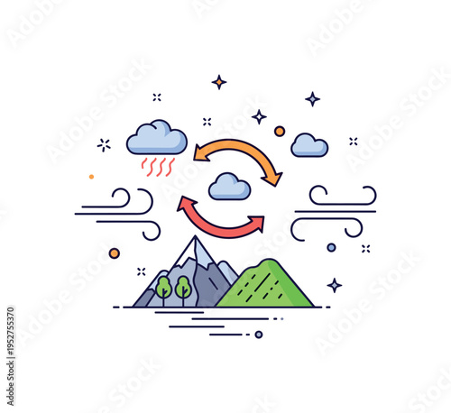 Wind circulation arrows swirling around a small mountain and valley landscape, expressing local airflow dynamics and terrain influenced weather. Minimalist