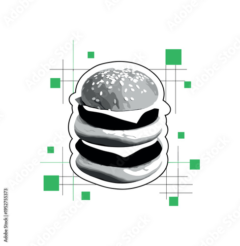 Close-up monochrome mini sliders stacked visually, surrounded by small green square accents and thin grid lines referencing structured plating, white contour