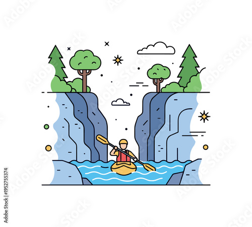 Wild river escape featuring a kayaker paddling through a narrow passage between cliffs and thick trees symbolizing courage and peaceful exploration. Clean