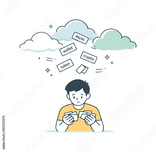 Lost seed phrase. A person holding small paper cards with words slipping away, cloud-like shapes drifting upward. Visual metaphor of memory loss and