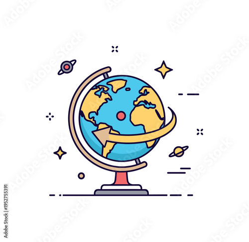 Astronomy classroom concept illustrating a small globe on a stand with a curved rotation arrow and subtle star accents, expressing educational exploration of