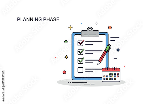 Planning phase focus centered on a clipboard with a clear checklist and a small calendar icon nearby, expressing preparation, timeline awareness, and goal