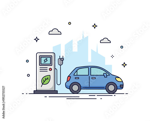 Clean transportation infrastructure shown through a simple electric charging station with a leaf accent and subtle city outline behind it, expressing mobility