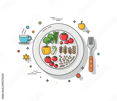 Healthy eat choice theme showing a colorful balanced plate with vegetables and grains arranged neatly, symbolizing nutrition and conscious lifestyle. The