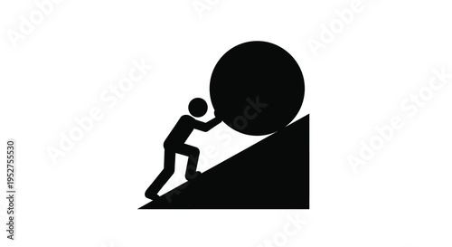 A person struggles to push a large sphere uphill a stark silhouette