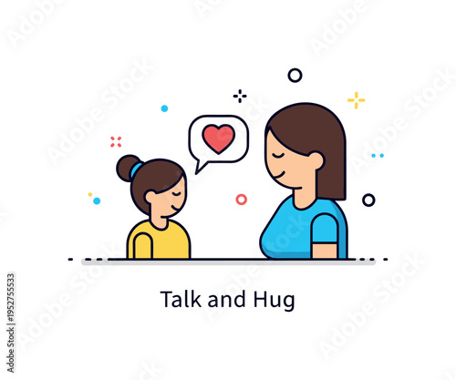 Mom comforting child calming conversation scene with two simplified figures facing each other and a small heart shaped speech bubble between them, symbolizing