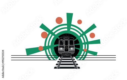 Black and white subway train emerging from a tunnel, bold concentric circles radiating outward representing connectivity, minimal horizontal lines structuring