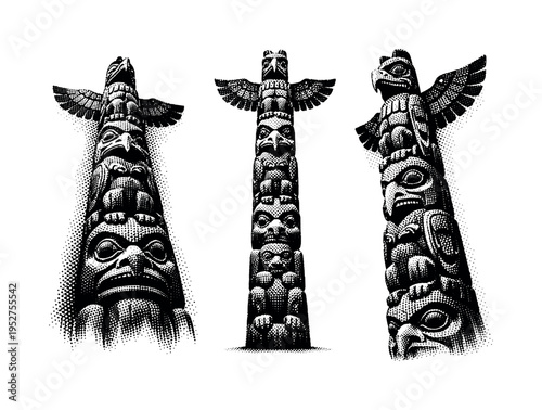 Monumental totem pole. A monumental totem pole shown as one object in three different views highlighting massive scale, deep carving, and strong vertical mass.