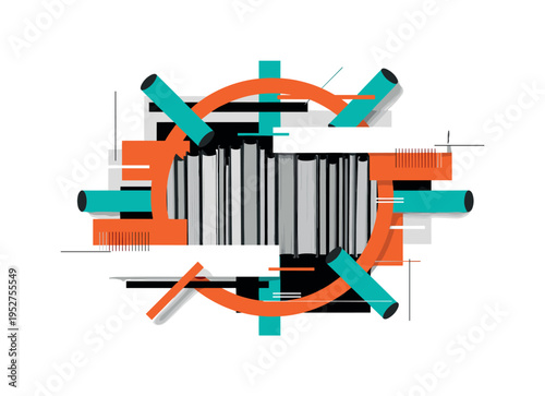 monochrome row of theology books aligned vertically, framed by bold orange circular frame and teal cylindrical shapes intersecting edges, abstract flat blocks