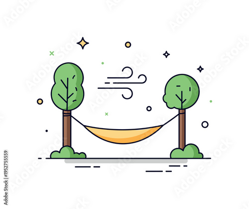 Backyard relaxation corner with a hammock stretched between two small trees and a soft breeze line detail. The compact scene reflects calm afternoons and