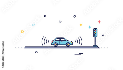 Connected vehicle communication concept showing a simple car icon aligned on a roadway with small signal waves linking it to roadside sensors. A clear metaphor